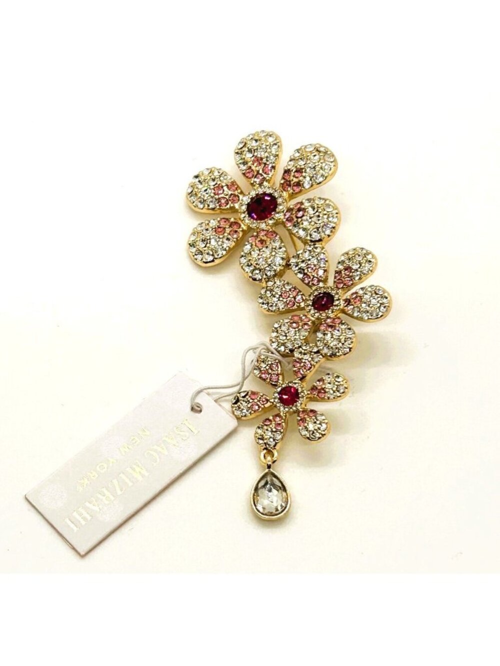 Isaac Mizrahi Gold-Tone Crystal & Pink Daisy Brooch Pin With Teardrop Accent - Picture 3 of 13